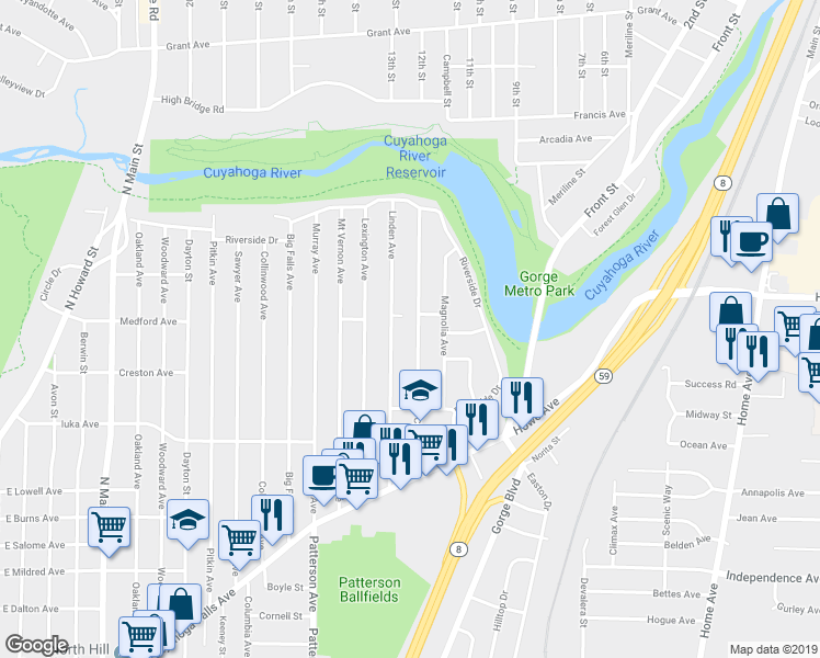 map of restaurants, bars, coffee shops, grocery stores, and more near 1193 Clifton Avenue in Akron