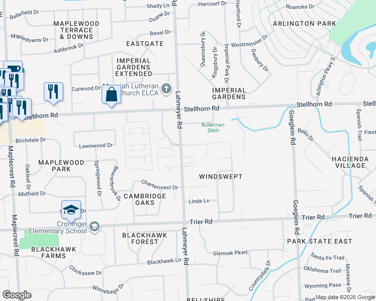 map of restaurants, bars, coffee shops, grocery stores, and more near 4150 Lahmeyer Road in Fort Wayne