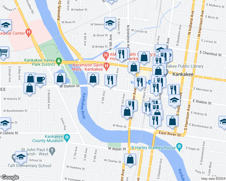 map of restaurants, bars, coffee shops, grocery stores, and more near 341-345 North 4th Avenue in Kankakee