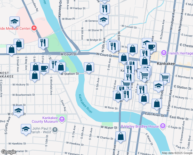 map of restaurants, bars, coffee shops, grocery stores, and more near 353 South 5th Avenue in Kankakee