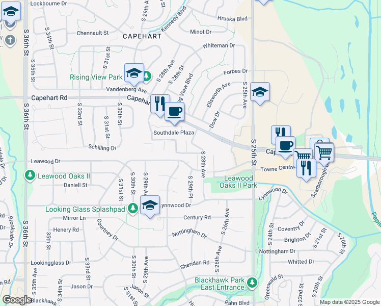 map of restaurants, bars, coffee shops, grocery stores, and more near 12716 South 28th Avenue in Bellevue