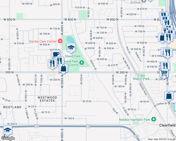 map of restaurants, bars, coffee shops, grocery stores, and more near 784 West 300 North in Clearfield