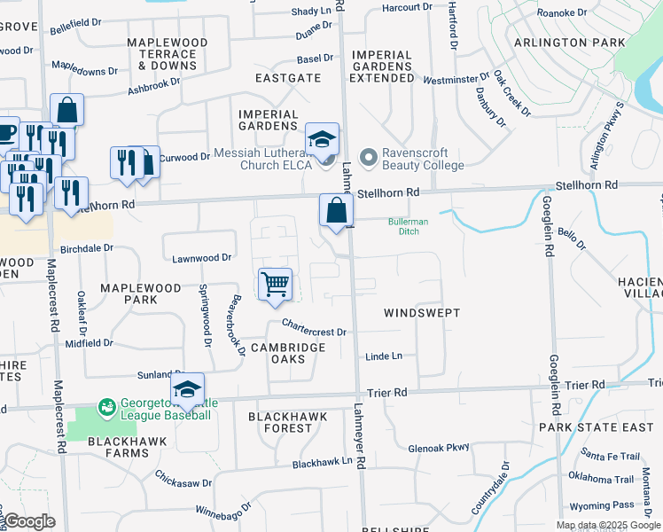 map of restaurants, bars, coffee shops, grocery stores, and more near 4121 Lahmeyer Road in Fort Wayne