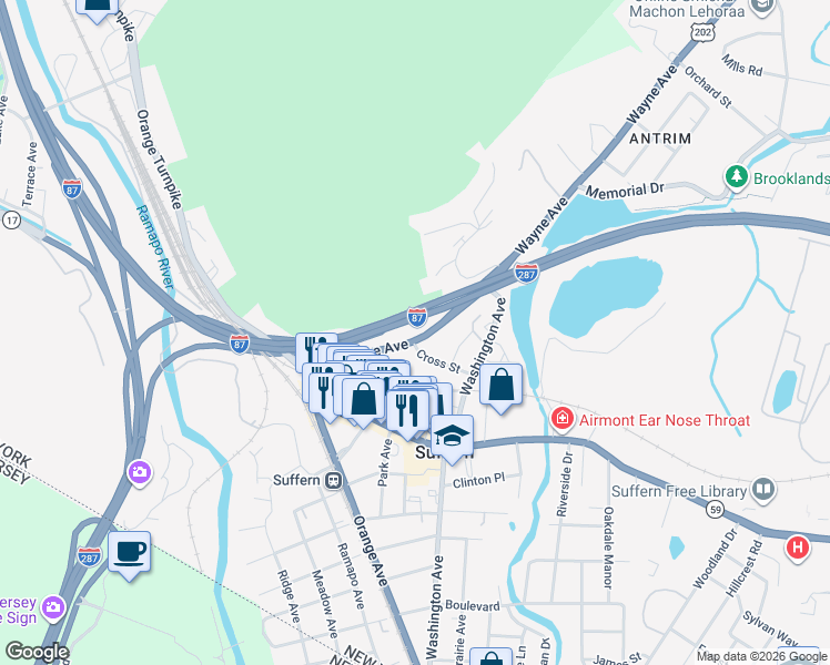 map of restaurants, bars, coffee shops, grocery stores, and more near 43 U.S. 202 in Suffern