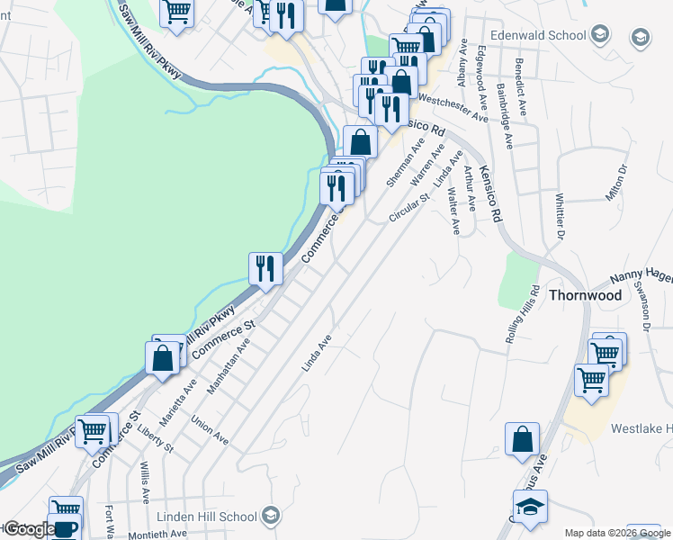map of restaurants, bars, coffee shops, grocery stores, and more near 730 Sherman Avenue in Thornwood