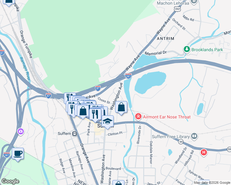 map of restaurants, bars, coffee shops, grocery stores, and more near 21 Washington Avenue in Suffern