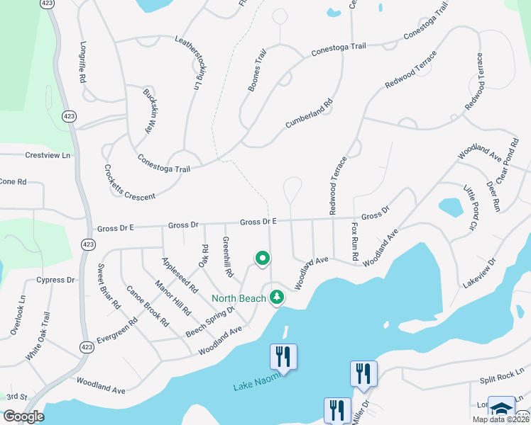map of restaurants, bars, coffee shops, grocery stores, and more near Gross Drive East in Pocono Pines