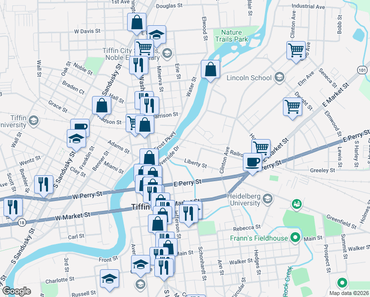 map of restaurants, bars, coffee shops, grocery stores, and more near 68 Riverside Drive in Tiffin