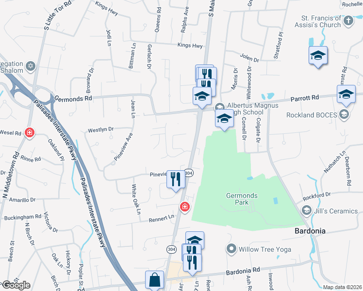 map of restaurants, bars, coffee shops, grocery stores, and more near 8 Eastlyn Drive in Bardonia