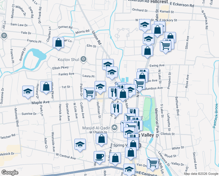 map of restaurants, bars, coffee shops, grocery stores, and more near 76 Gesner Drive in Spring Valley