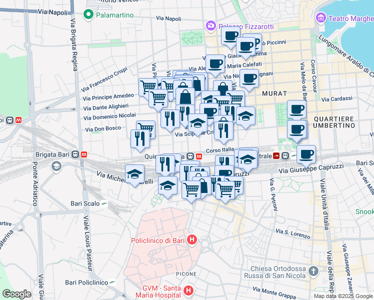 map of restaurants, bars, coffee shops, grocery stores, and more near 53 Corso Italia in Bari