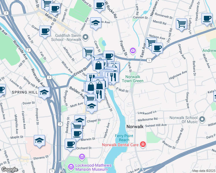 map of restaurants, bars, coffee shops, grocery stores, and more near 11 Wall Street in Norwalk
