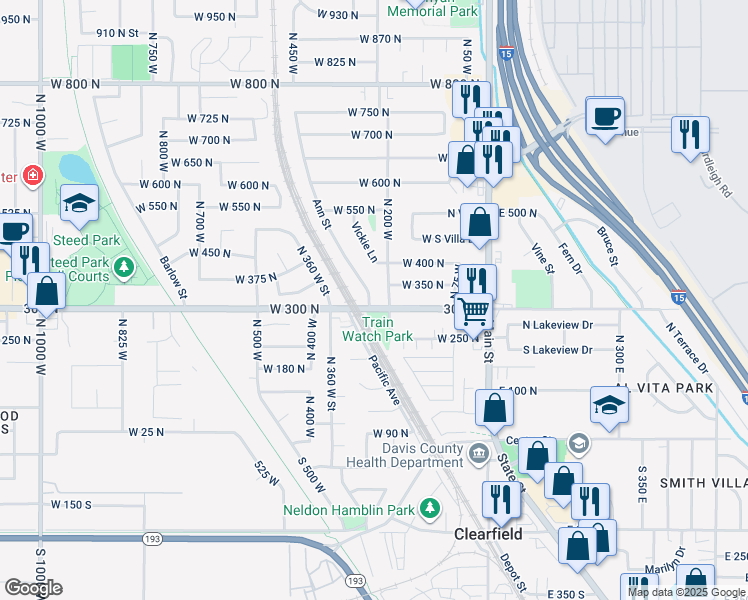 map of restaurants, bars, coffee shops, grocery stores, and more near 272 West 300 North in Clearfield