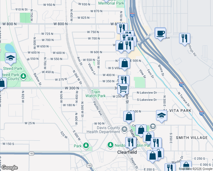 map of restaurants, bars, coffee shops, grocery stores, and more near 156 West 300 North in Clearfield