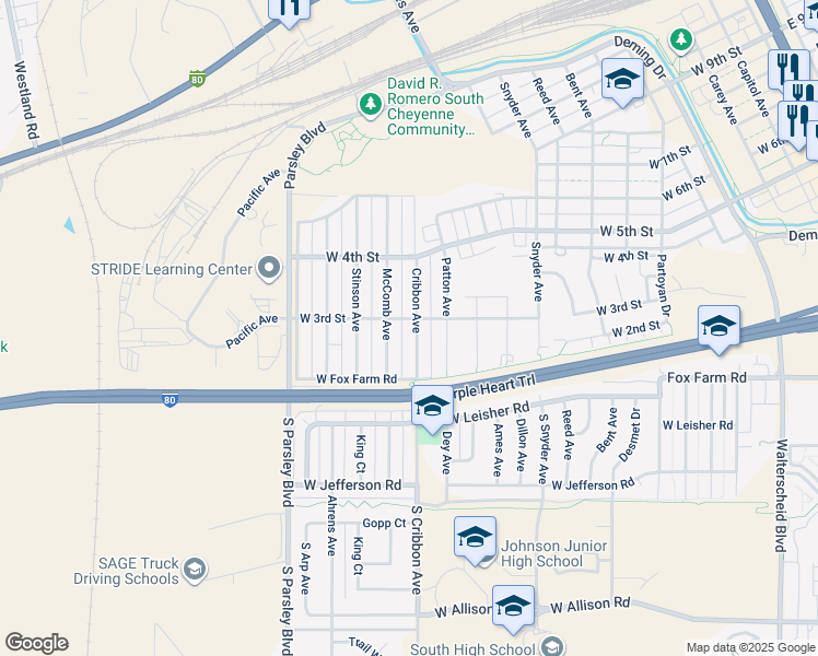 map of restaurants, bars, coffee shops, grocery stores, and more near 243 McComb Avenue in Cheyenne
