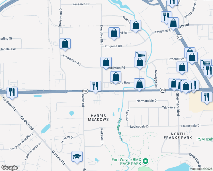 map of restaurants, bars, coffee shops, grocery stores, and more near 4410 Executive Boulevard in Fort Wayne