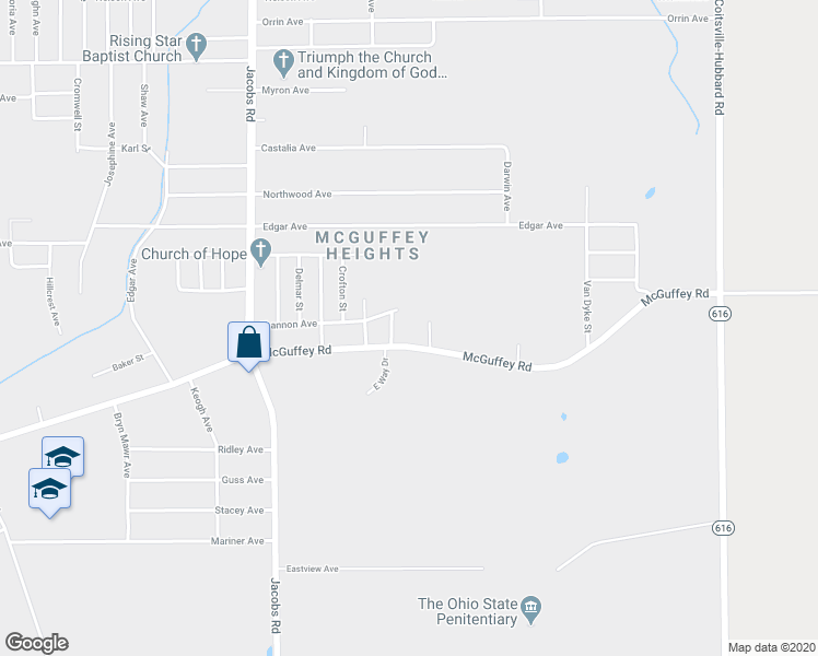 map of restaurants, bars, coffee shops, grocery stores, and more near 3246 McGuffey Road in Youngstown