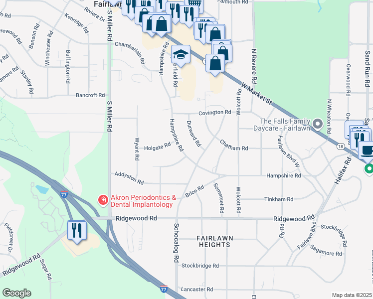 map of restaurants, bars, coffee shops, grocery stores, and more near 444 Hampshire Road in Akron