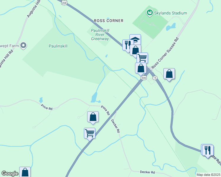 map of restaurants, bars, coffee shops, grocery stores, and more near 43 U.S. 206 in Frankford