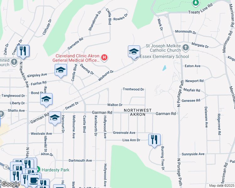 map of restaurants, bars, coffee shops, grocery stores, and more near 540 Auburndale Avenue in Akron
