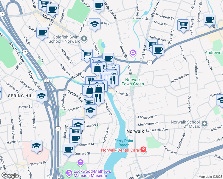 map of restaurants, bars, coffee shops, grocery stores, and more near 1 Smith Street in Norwalk