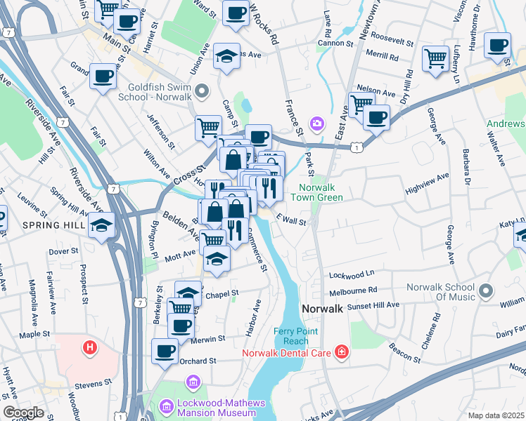 map of restaurants, bars, coffee shops, grocery stores, and more near 11 Wall Street in Norwalk