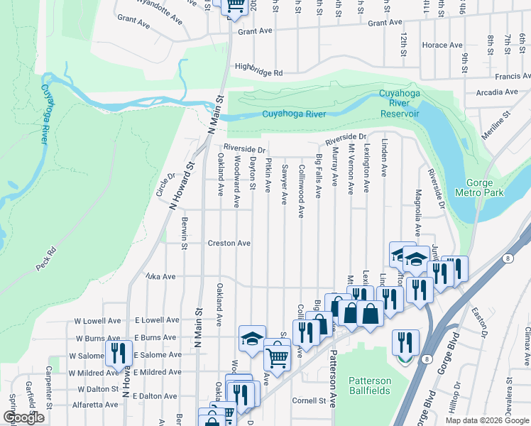 map of restaurants, bars, coffee shops, grocery stores, and more near 1191 Dayton Street in Akron