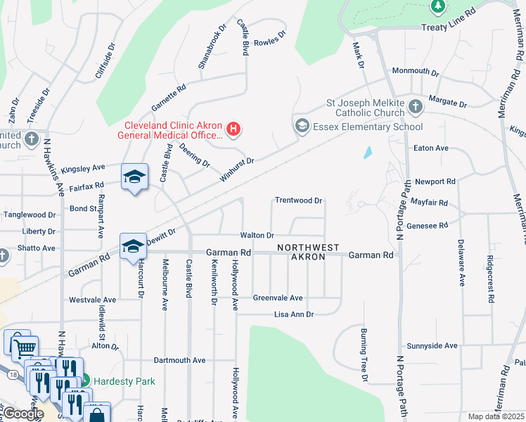 map of restaurants, bars, coffee shops, grocery stores, and more near 540 Auburndale Avenue in Akron