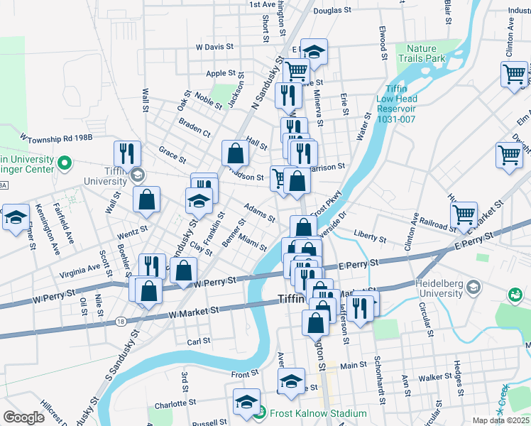map of restaurants, bars, coffee shops, grocery stores, and more near 44 Adams Street in Tiffin