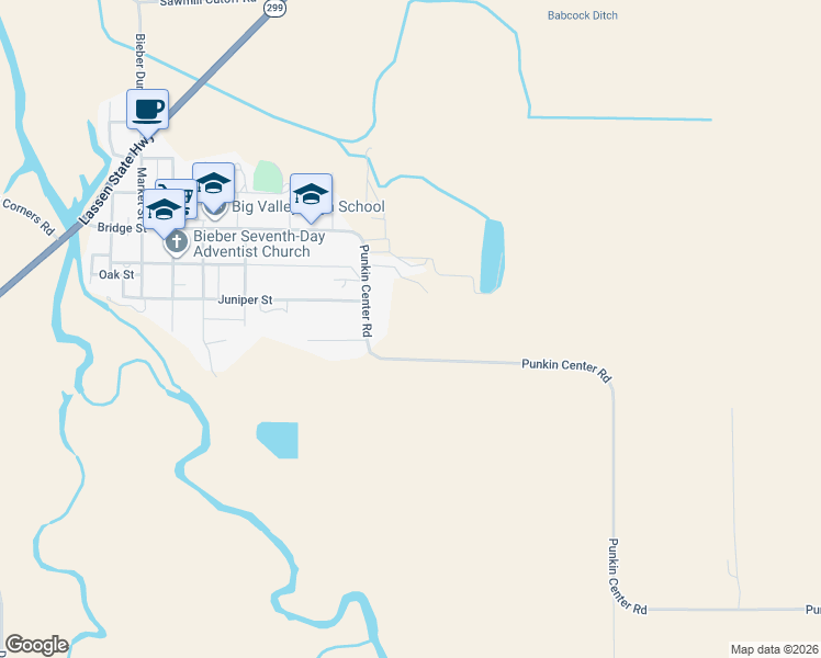 map of restaurants, bars, coffee shops, grocery stores, and more near 402 Punkin Center Road in Bieber