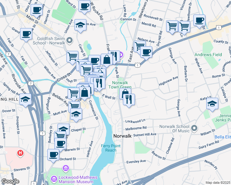 map of restaurants, bars, coffee shops, grocery stores, and more near in Norwalk