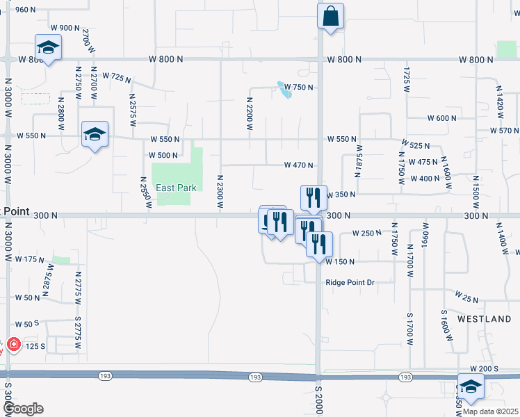 map of restaurants, bars, coffee shops, grocery stores, and more near 2208 West 300 North in West Point