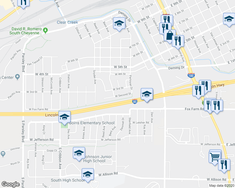 map of restaurants, bars, coffee shops, grocery stores, and more near 630 West Second Street in Cheyenne