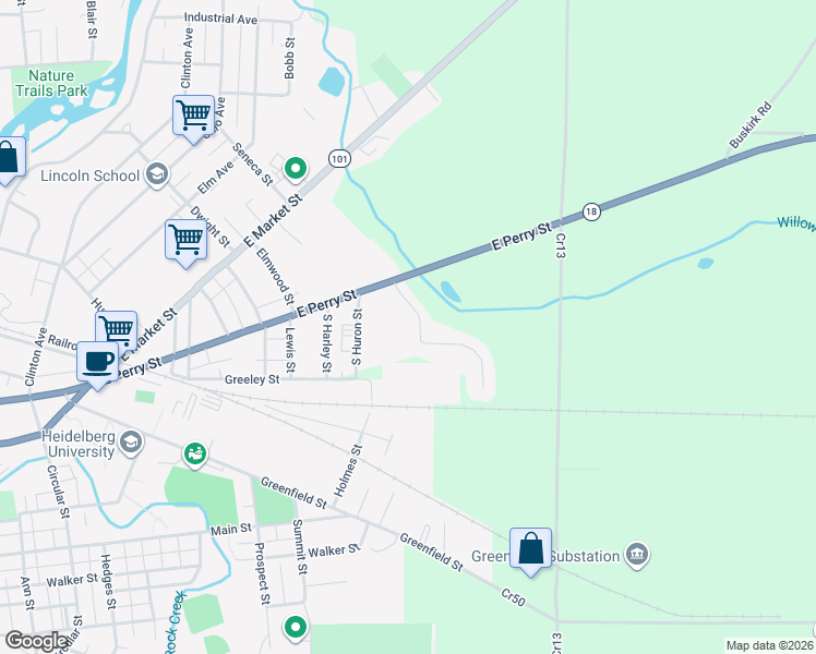 map of restaurants, bars, coffee shops, grocery stores, and more near 423 Autumnwood Drive in Tiffin
