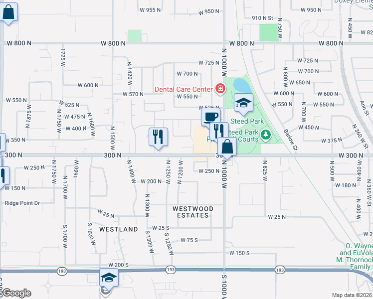 map of restaurants, bars, coffee shops, grocery stores, and more near 1143 West 300 North in Clearfield