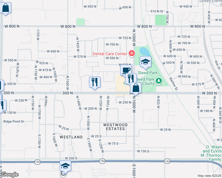 map of restaurants, bars, coffee shops, grocery stores, and more near 1143 West 300 North in Clearfield