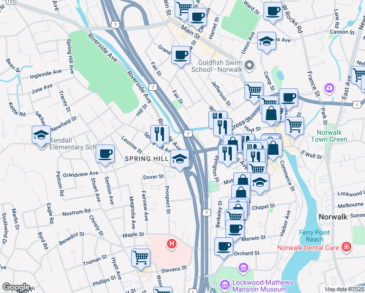 map of restaurants, bars, coffee shops, grocery stores, and more near in Norwalk