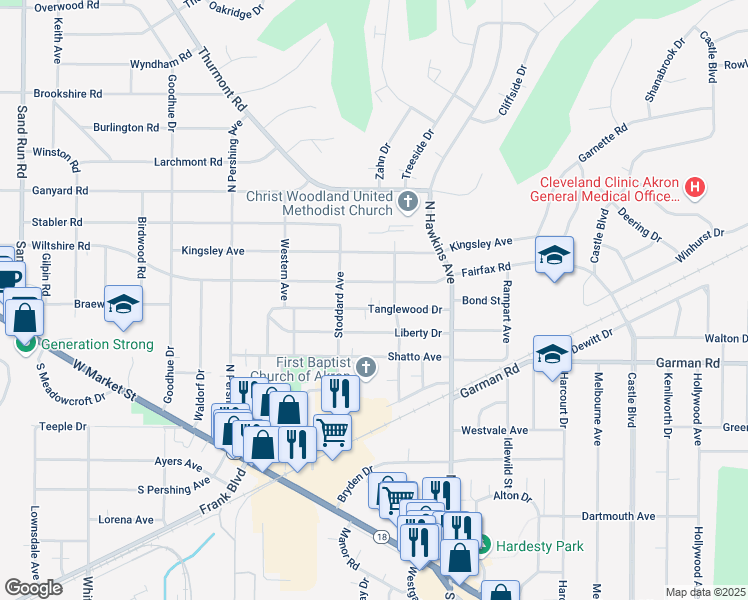map of restaurants, bars, coffee shops, grocery stores, and more near 1720 Tanglewood Drive in Akron