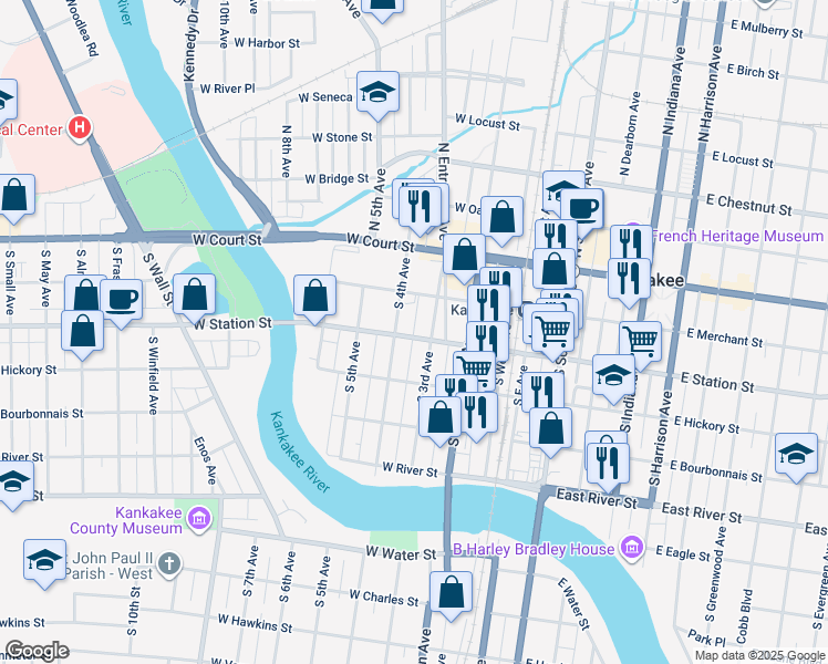 map of restaurants, bars, coffee shops, grocery stores, and more near 327 South 3rd Avenue in Kankakee