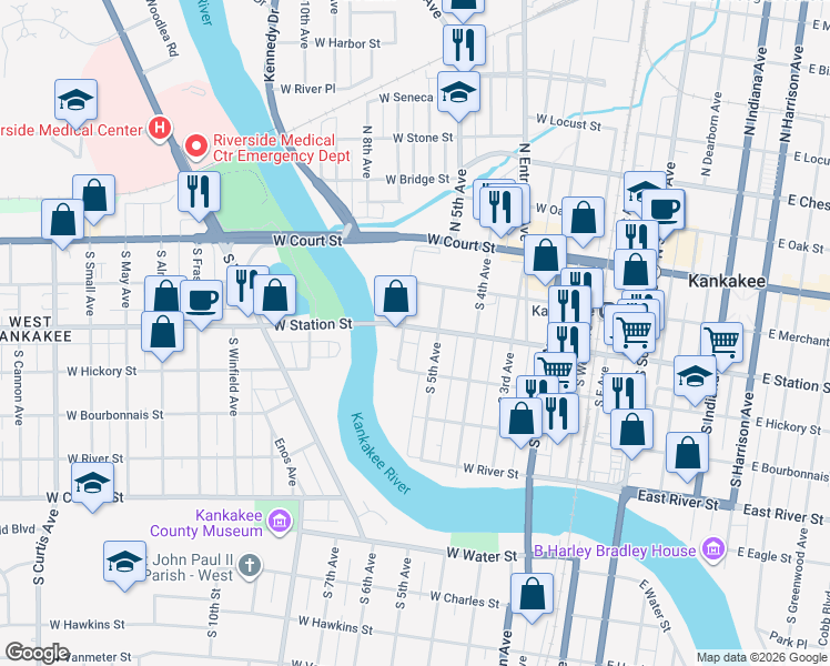 map of restaurants, bars, coffee shops, grocery stores, and more near 353 South 5th Avenue in Kankakee