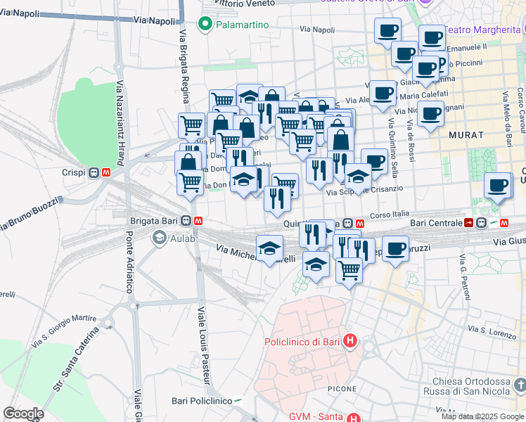 map of restaurants, bars, coffee shops, grocery stores, and more near 165 Corso Italia in Bari