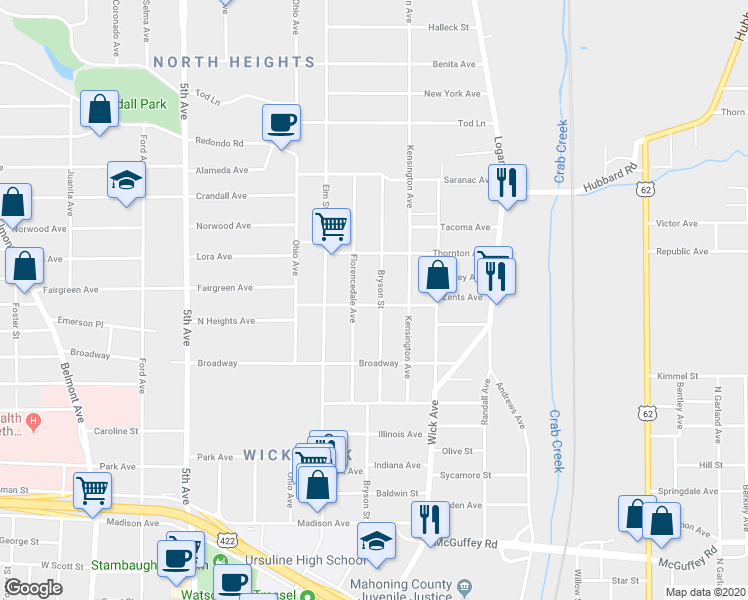 map of restaurants, bars, coffee shops, grocery stores, and more near 1404 Bryson Street in Youngstown