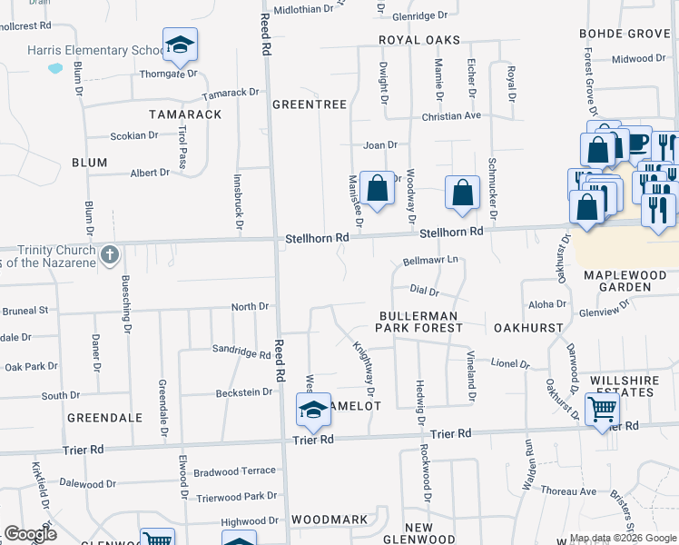 map of restaurants, bars, coffee shops, grocery stores, and more near 5023 Hemlock Ln in Fort Wayne