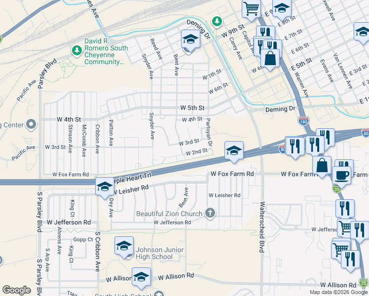 map of restaurants, bars, coffee shops, grocery stores, and more near 611 West Second Street in Cheyenne