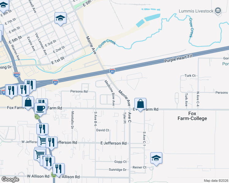 map of restaurants, bars, coffee shops, grocery stores, and more near 801 Owl Creek Ave in Cheyenne