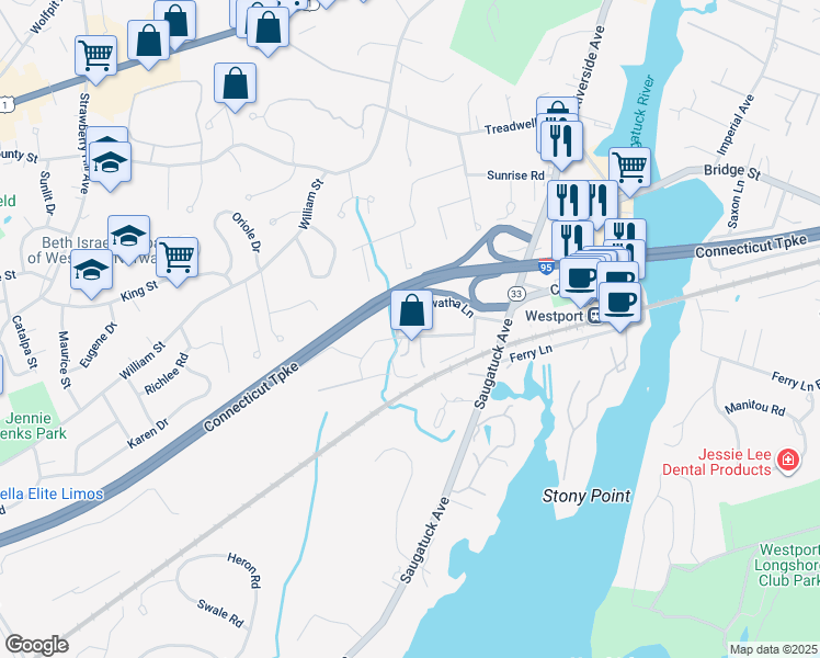 map of restaurants, bars, coffee shops, grocery stores, and more near 2 Heritage Court in Westport