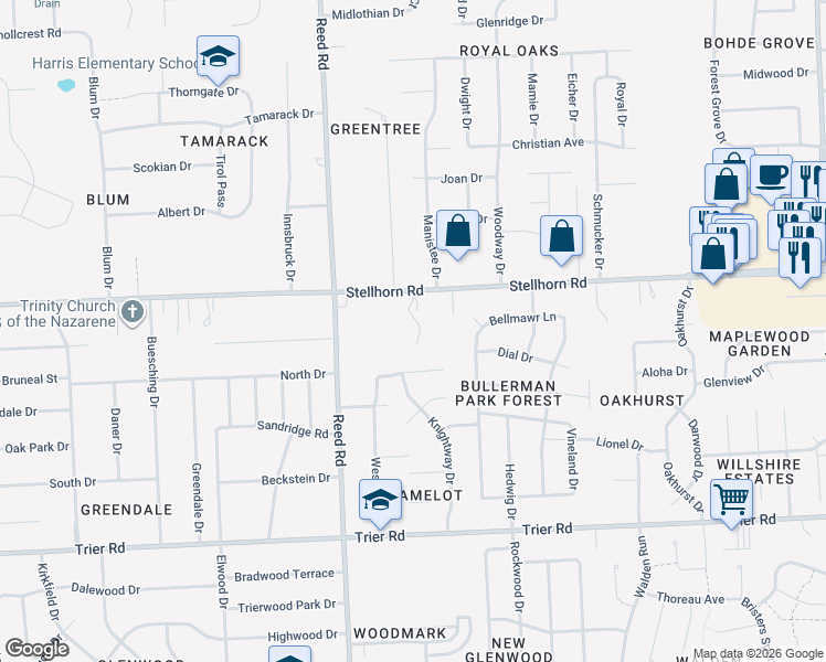 map of restaurants, bars, coffee shops, grocery stores, and more near 5023 Hemlock Ln in Fort Wayne