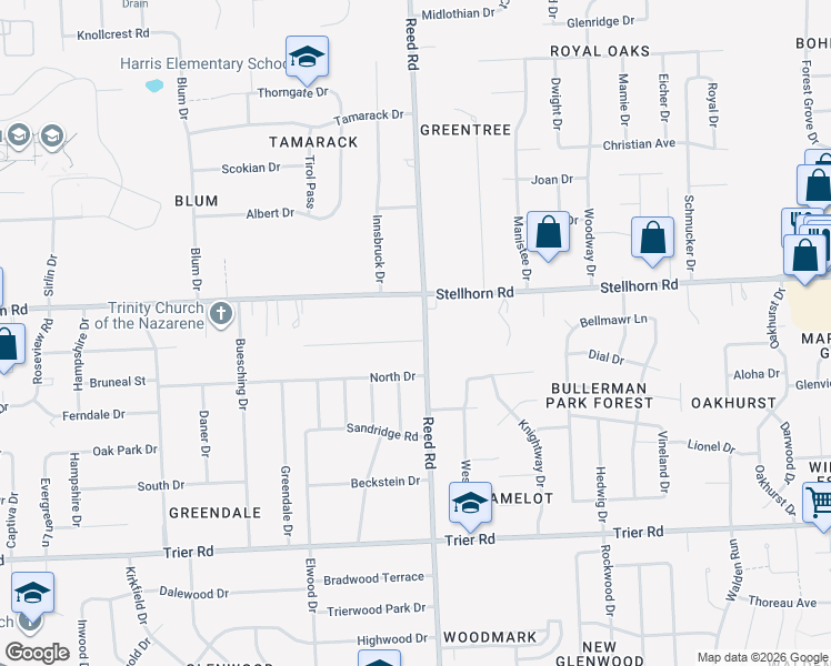 map of restaurants, bars, coffee shops, grocery stores, and more near 4712 Doenges Drive in Fort Wayne