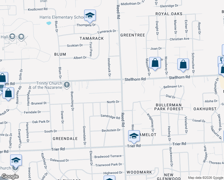 map of restaurants, bars, coffee shops, grocery stores, and more near 4712 Doenges Drive in Fort Wayne
