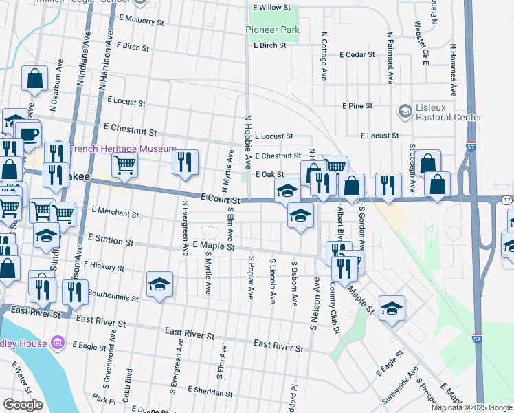 map of restaurants, bars, coffee shops, grocery stores, and more near 1295 East Merchant Street in Kankakee